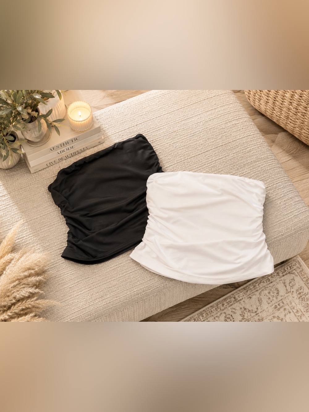 Strapless Ruched Bandeau Top - Black & White Size L